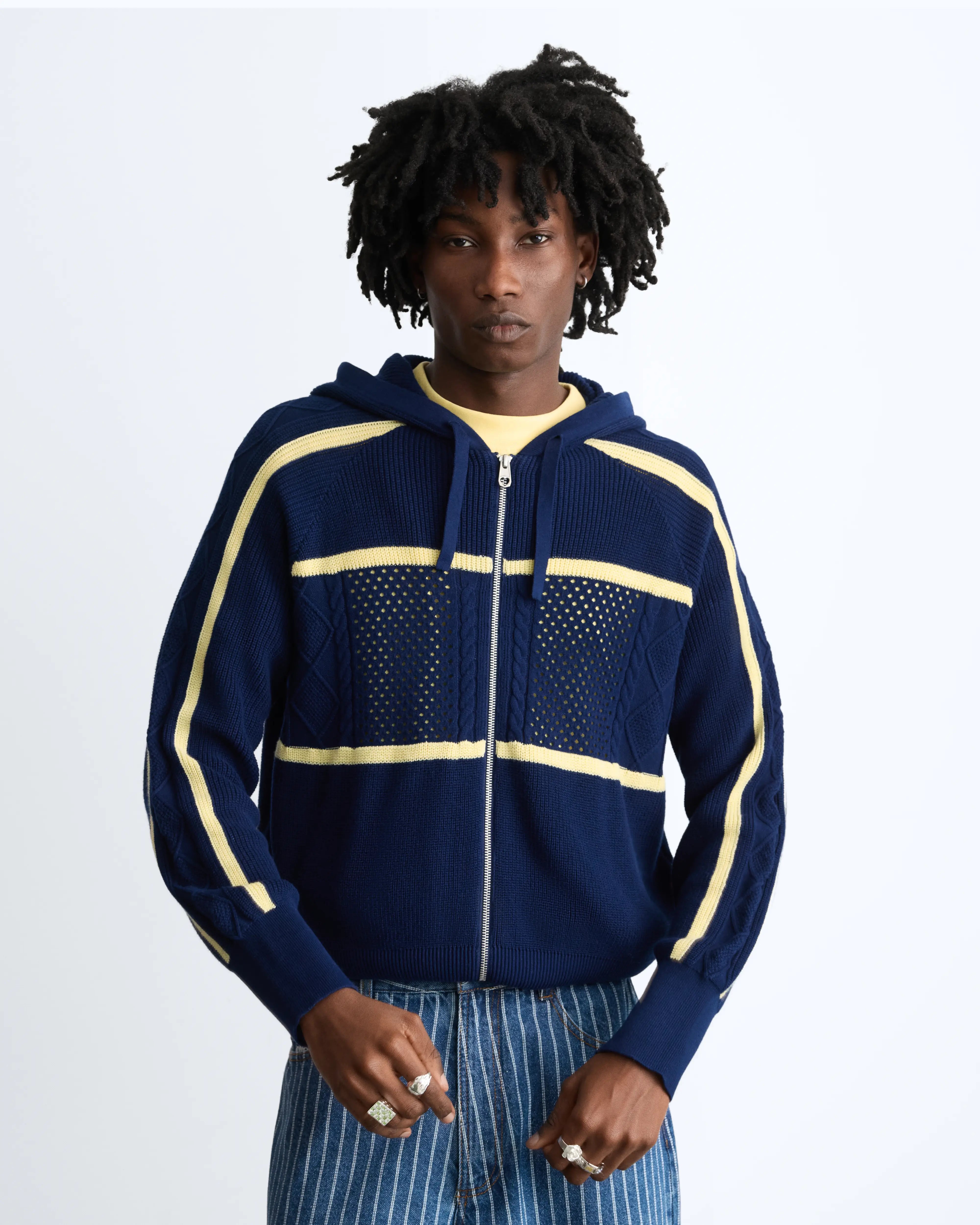 Monk Knit Zip-Up Hoodie Navy